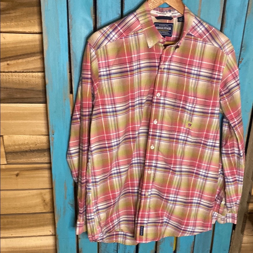 Rough Stock Plaid Shirt in Pink and Green button down shirt size large
